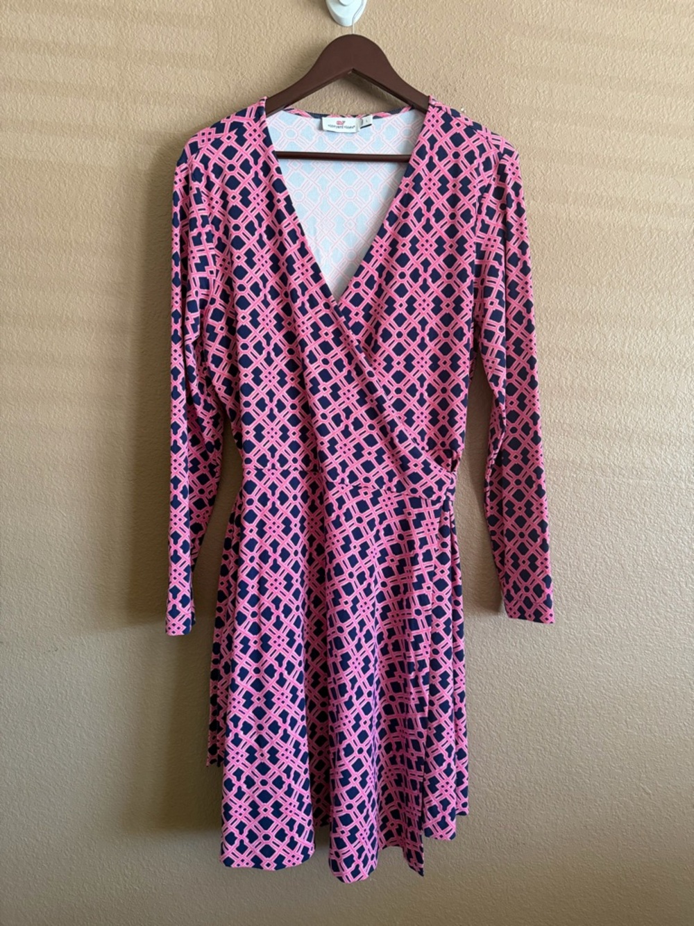 Vineyard Vines Pink and Navy Geometric Lattice Wrap Dress Long Sleeve Size Large